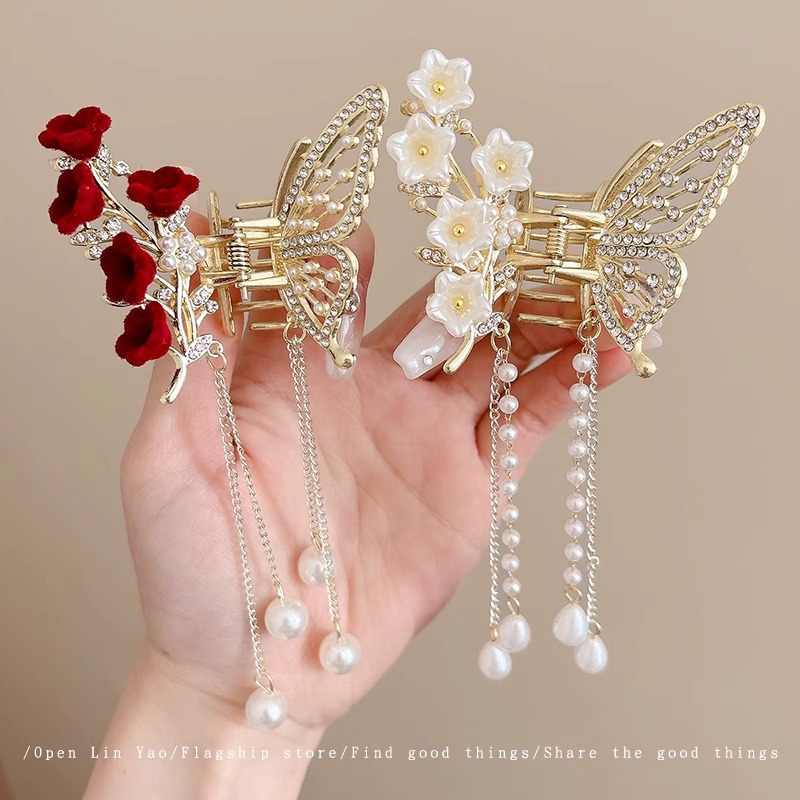 珍珠流苏发夹女后脑勺抓夹半扎发小发夹盘发发卡蝴蝶花朵夹子头饰