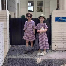儿童兄妹装2024夏款男童短袖短裤两件套女童紫色条纹卫衣裙新潮流