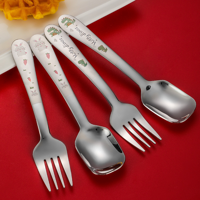 304 Stainless Steel Fork Spoon Baby Spoon Children's Fork Tableware Integrated Spoon Flat Spoon Soup Spoon Fork Set