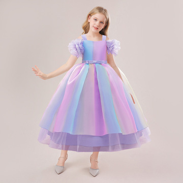 外贸新款洋气露肩拼色长裙儿童礼服甜美公主连衣裙走秀演出服