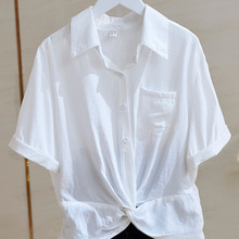 褶皱短款雪纺衬衫女短袖2023夏装女装新款韩版宽松打结白色衬