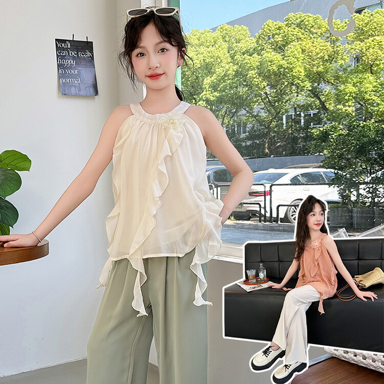 中大童女装夏季时尚风童套装女孩挂脖小背心阔腿裤两件套跨境代发