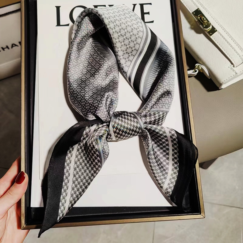 2024新款70cm方巾丝巾复古千鸟格印花职业装搭配薄款领巾发带丝巾