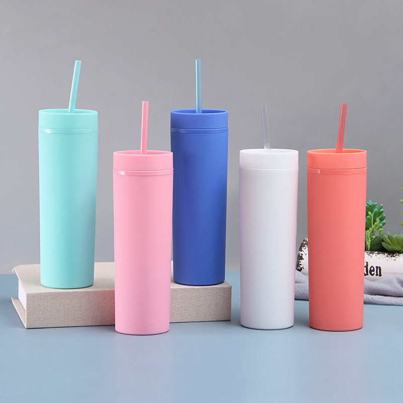 Cross-Border 16Oz Rubber Paint Plastic Cup Car Candy Color Double Drinking Cup Fresh Student Straight Straw Cup