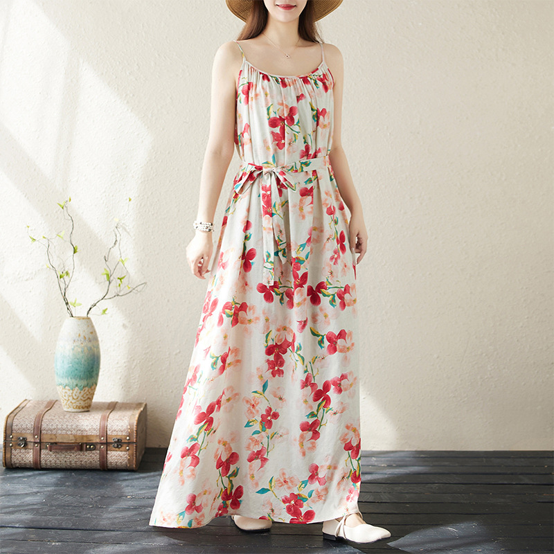 吊带裙2024长款花朵连衣裙夏波西米亚海边度假旅行沙滩裙大码长裙