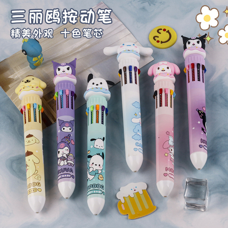 Ten-Color Ballpoint Pen Cartoon Cute Multi-Color Sanrio Press Type Color Pencil Student Good-looking Stationery Gel Pen