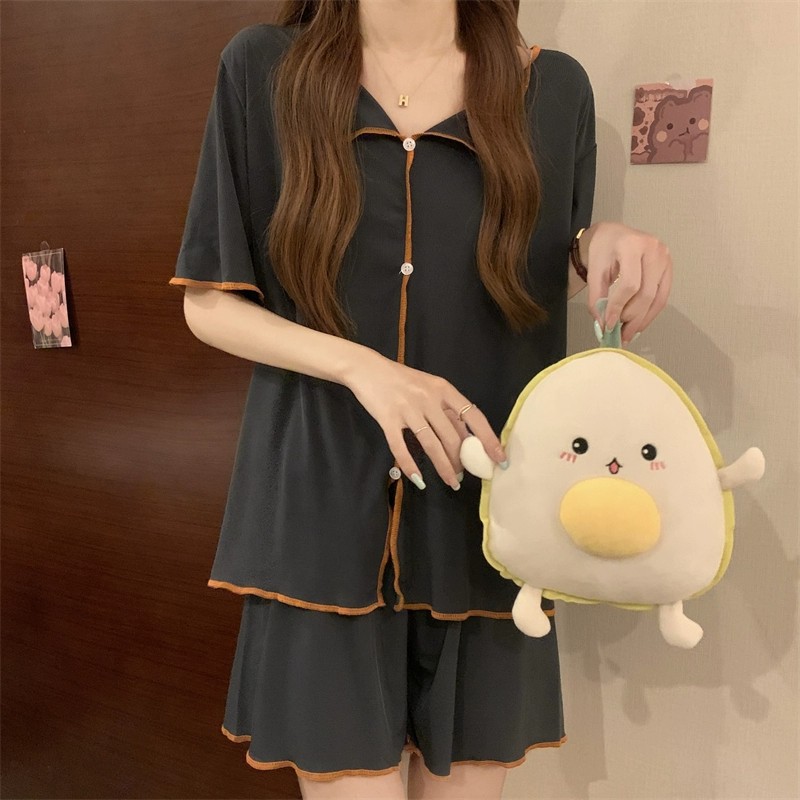 Short Sleeve Pajamas Women's QQ Suit Korean Style Thin Fake Cardigan Lapel Button Simple Ice Silk Cool Fairy Home Wear