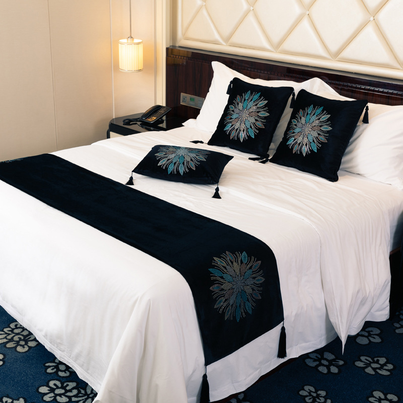 素色棉麻民宿中式床旗结婚巾客房酒店宾馆床尾房间旅馆新新房家用