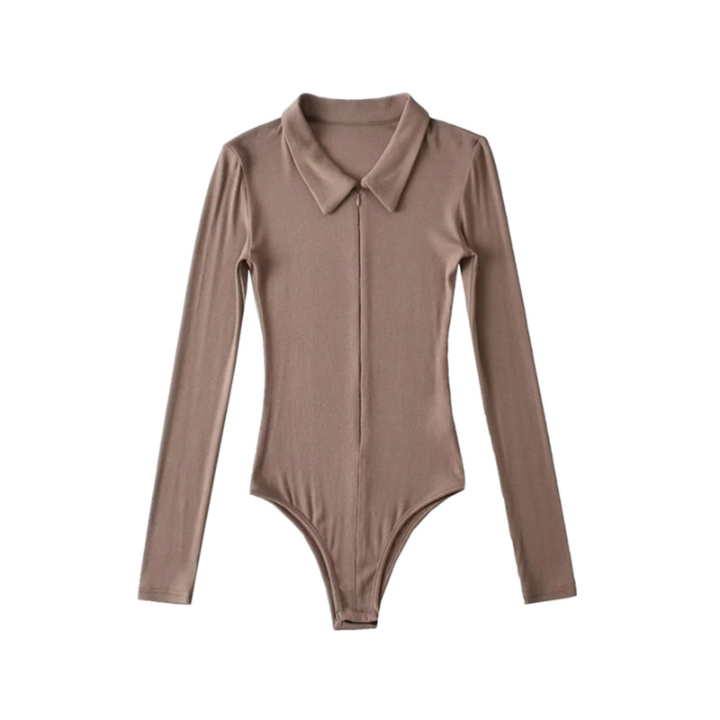 性感拉链翻领连体衣裤小众复古弹力修身外穿纯色打底纯欲t恤上衣