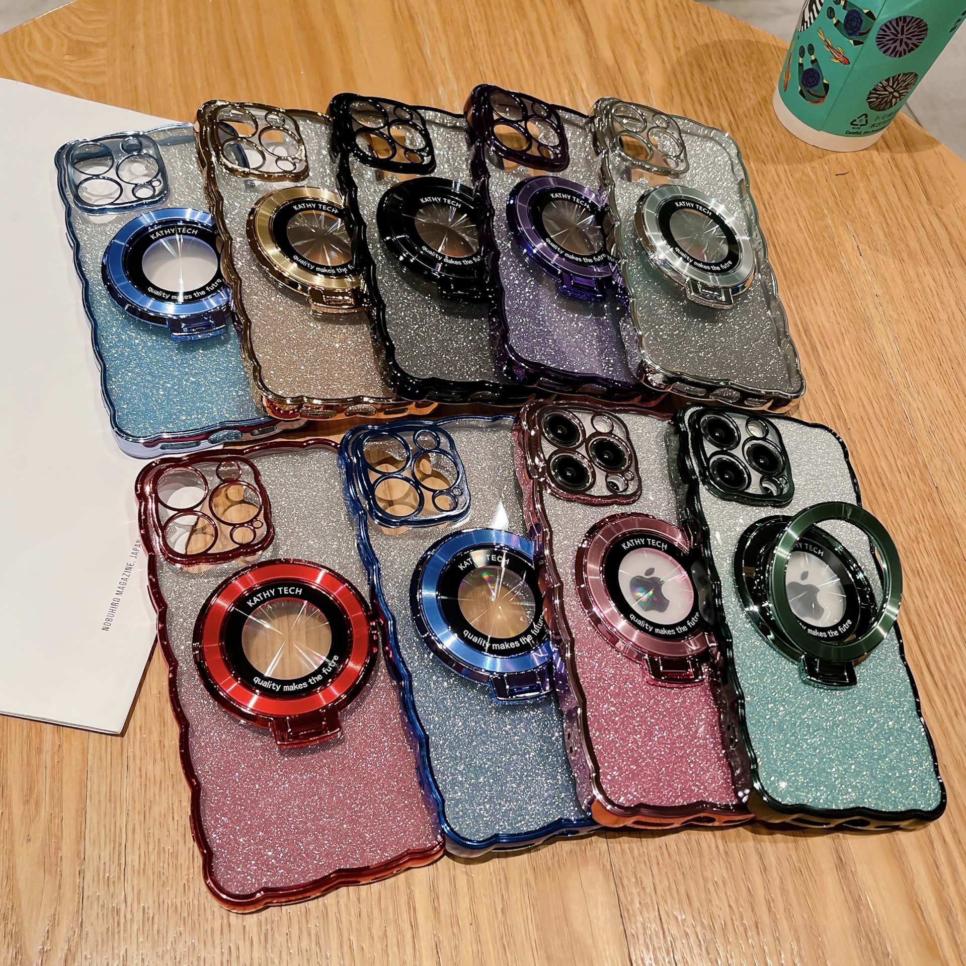 适用iphone15手机壳电镀磁吸波浪纹苹果14promax闪粉支