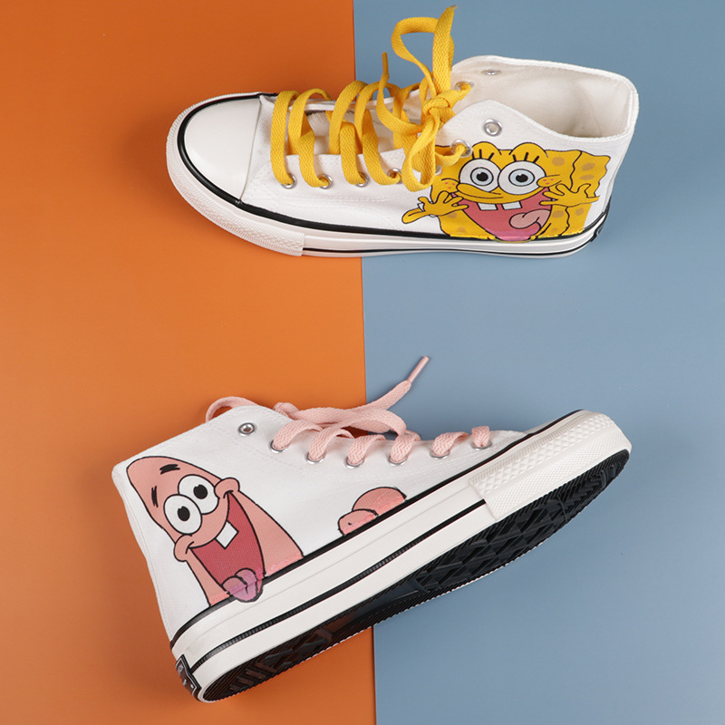 2020秋季新款海绵宝宝帆布鞋男女学生手绘板鞋韩版港风高帮小白鞋
