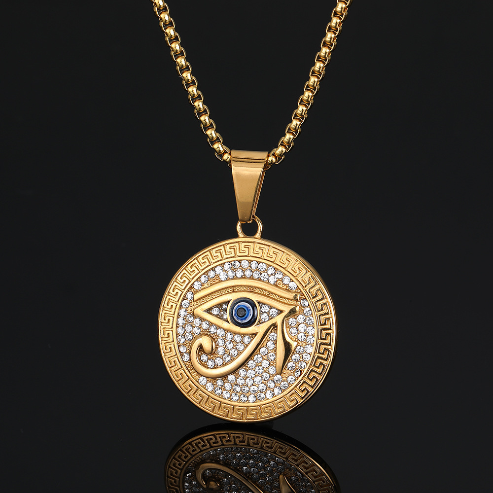 欧美跨境源头工厂经典复古满钻古埃及荷鲁斯之眼钛钢镀金吊坠