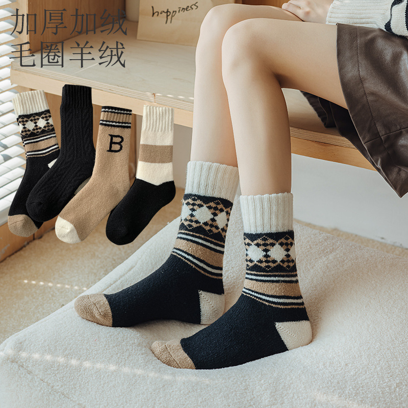 Wool Socks Women's Autumn and Winter Pile Style Tube Socks Fleece-lined Thickened Winter Warm Cashmere Striped Women's Stockings