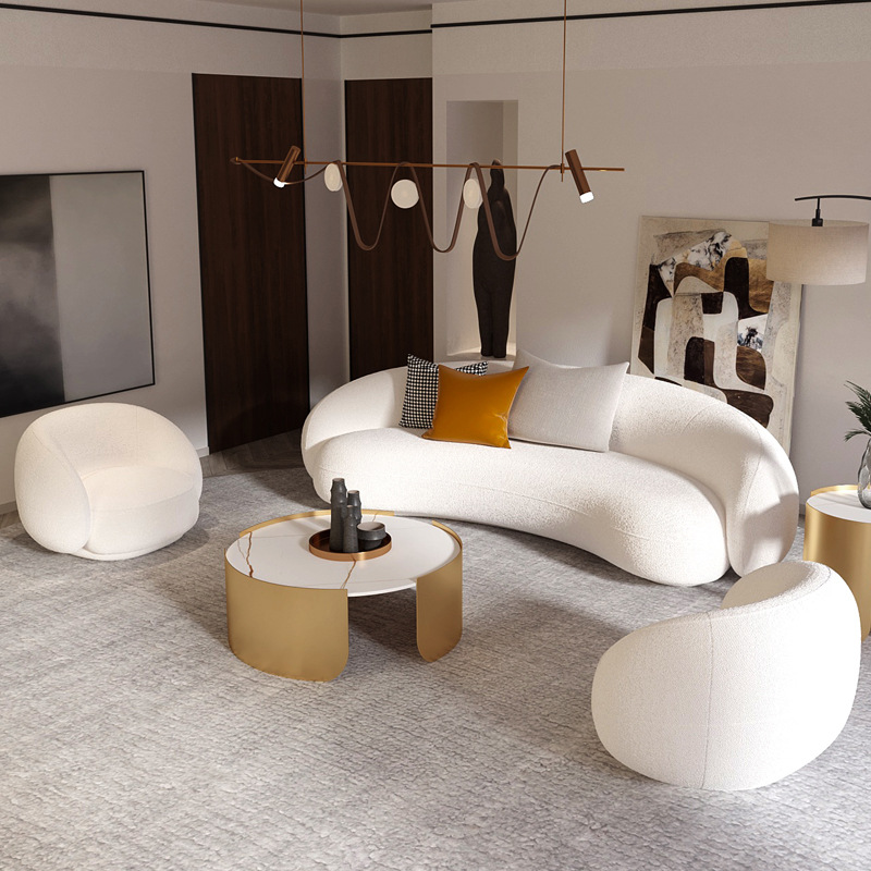 北欧羊羔绒沙发 工作室休闲客厅弧形沙发 简约婚纱店影楼沙发组合