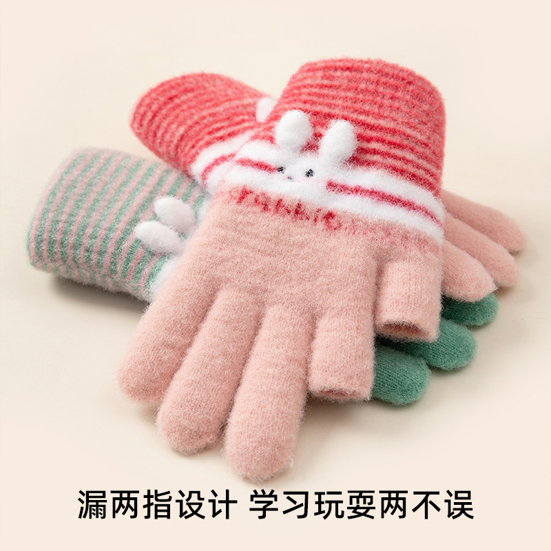 Autumn and Winter Keep Children Warm Gloves Boys and Girls Cold-Proof Knitted Wool Elementary School Baby Writing Gloves Wholesale