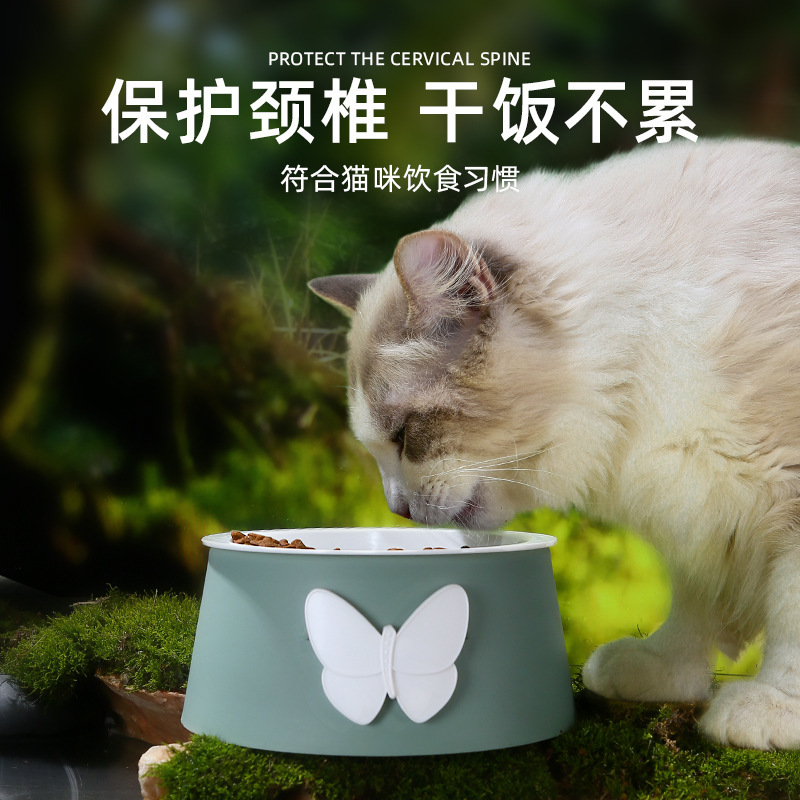 Cross-Border Wholesale Pet Bowl Anti-Tumble Cat Drinking Water Food Basin Imitation White Porcelain Butterfly Dog Bowl High Leg Neck Protection Cat Bowl