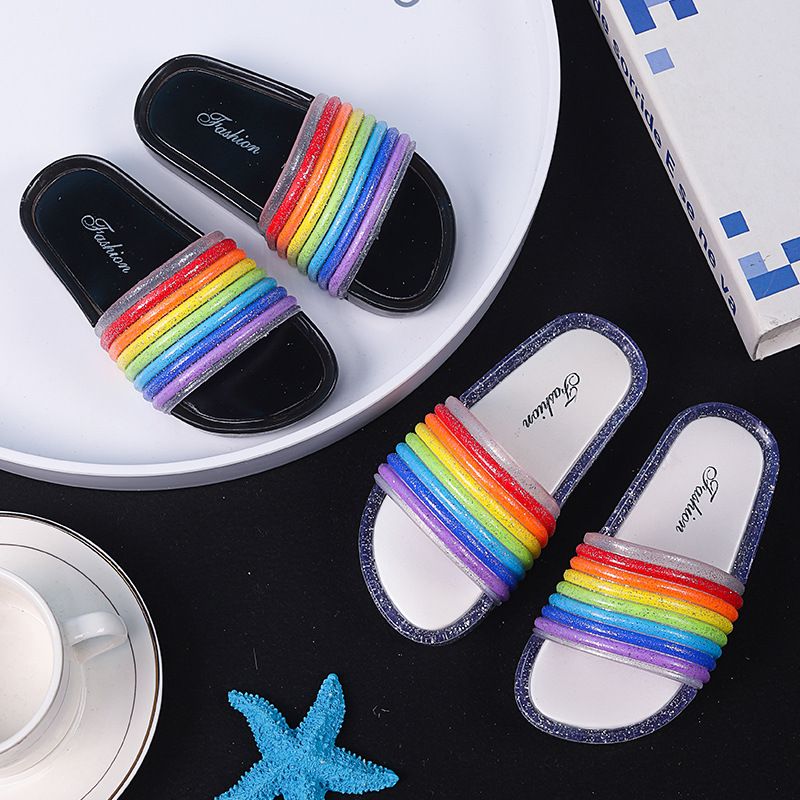 2023 Children Children Slippers Shoes Women's Summer Internet Hot New Good-looking Rainbow Flashing Light Indoor Home Outdoor Wear Word Children Slippers