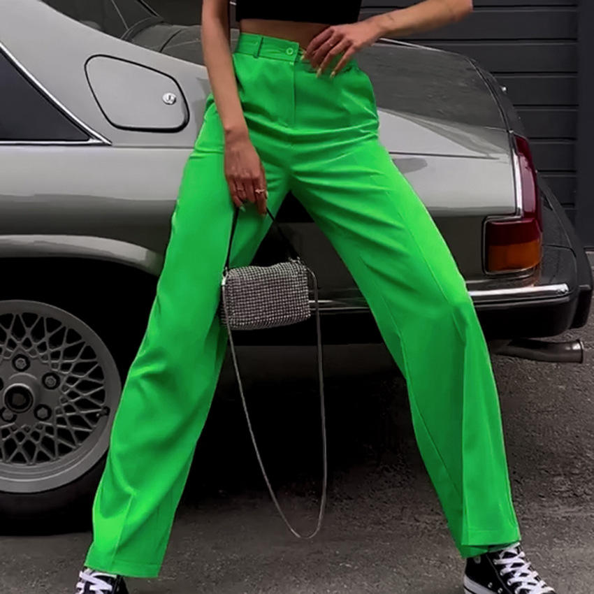 2022夏季欧美长裤高腰直筒气质西裤小众口袋设计感绿色休闲裤女装