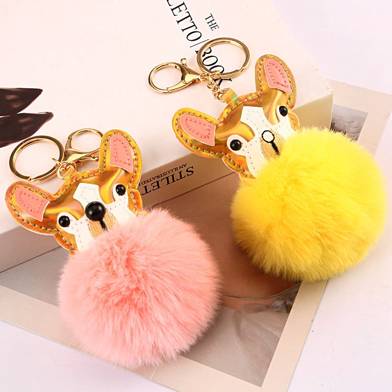 Golden Puppy Fur Ball Keychain Glossy Color Puppy Key Chain Imitate Rex Rabbit Fur Car Plush Bag Pendant