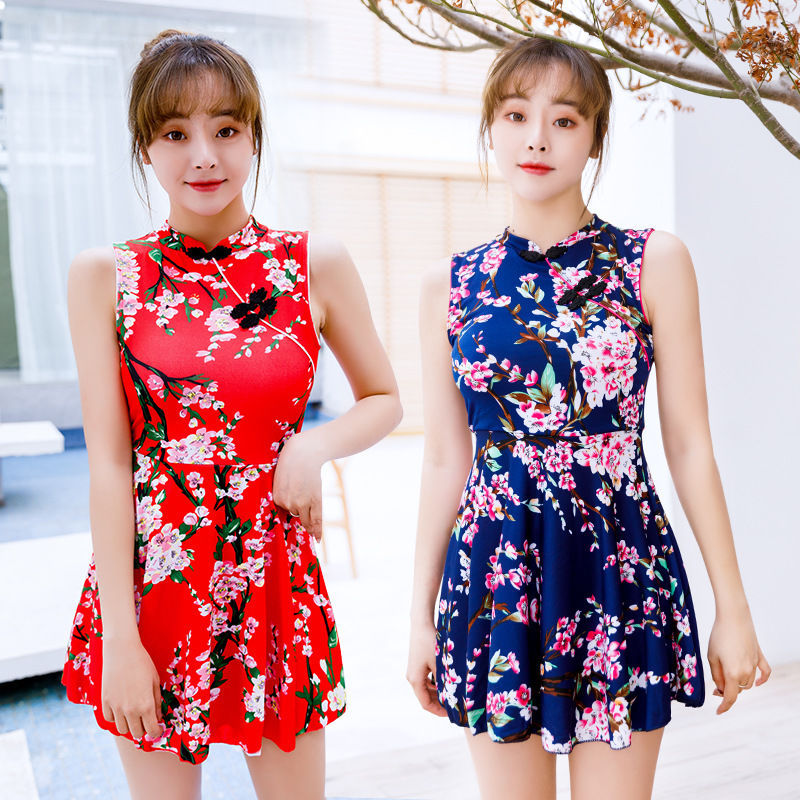 复古旗袍红中国风女连体泳衣 性感露背无袖裙式游泳衣温泉泳装