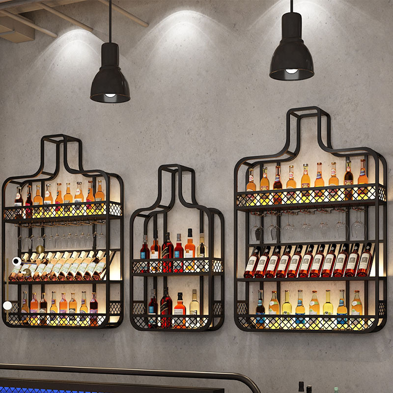 酒吧吧台酒柜壁挂式餐厅置物架创意墙上葡萄酒展示架发光铁艺酒架