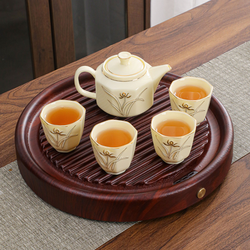 Solid Wood round Tray Tea Tray Simple Kung Fu Tea Set Office Home Porcelain Gaiwan Teapot Mini Set Wholesale