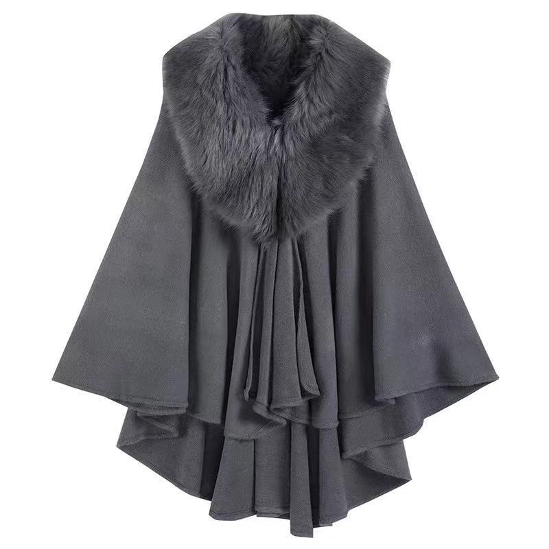 556# Autumn and Winter New Imitation Fox Fur Collar Shawl Cape Mid-Length Big Fur Collar Shawl Oversized Knitted Cardigan