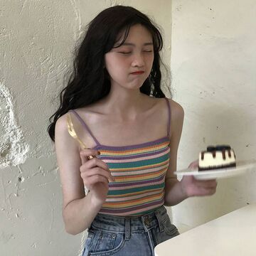 横条纹彩色吊带女夏季新款泫雅风超火背心时尚性感无袖上衣潮流