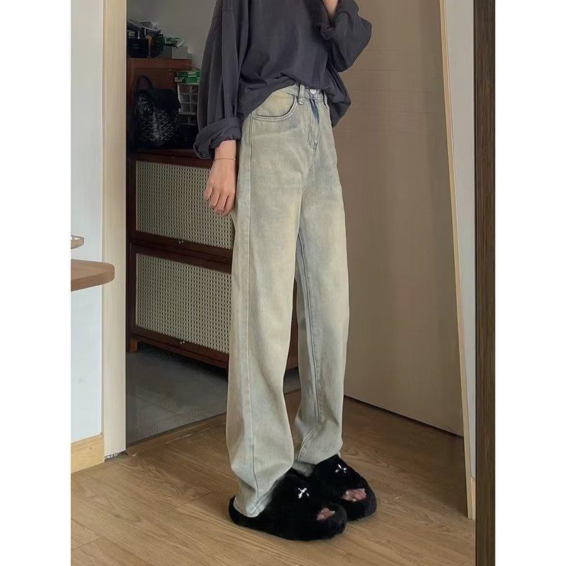 Spring and Autumn Washed Distressed American Retro Yellow Mud Dyed Straight Jeans for Women High Waist Loose Wide Legs Mop Pants