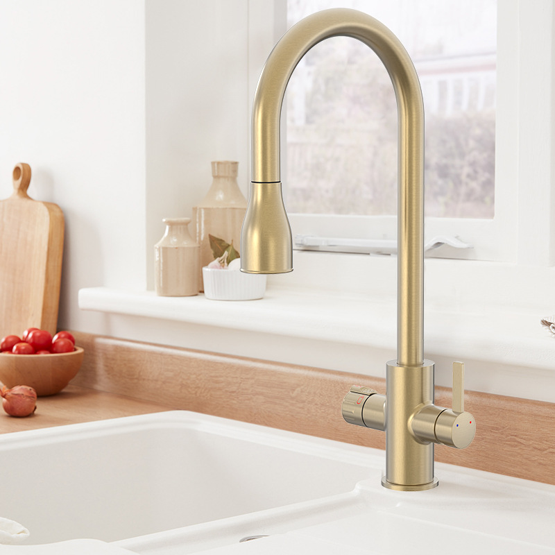 跨境热销全铜沸水龙头拉丝金冷热两用防溅厨房抽拉水龙头-阿里巴巴