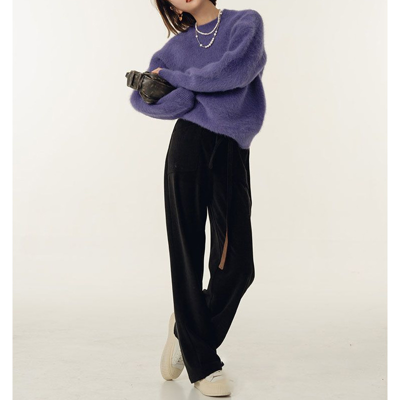 法式紫色圆领优雅针织衫女装2023秋冬季新款加厚套头内搭毛衣