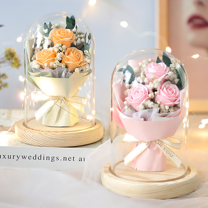 Preserved Fresh Babysbreath Rose Soap Flower Finished Bouquet Decoration Glass Cover Valentine's Day Gift Birthday Gift Box
