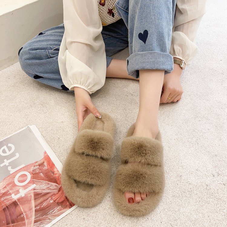 Autumn and Winter New Double Strap Fur Slipper Outdoor Fashion Casual Women's One-Word Cotton Slippers Flat Home 42 Plush Slippers