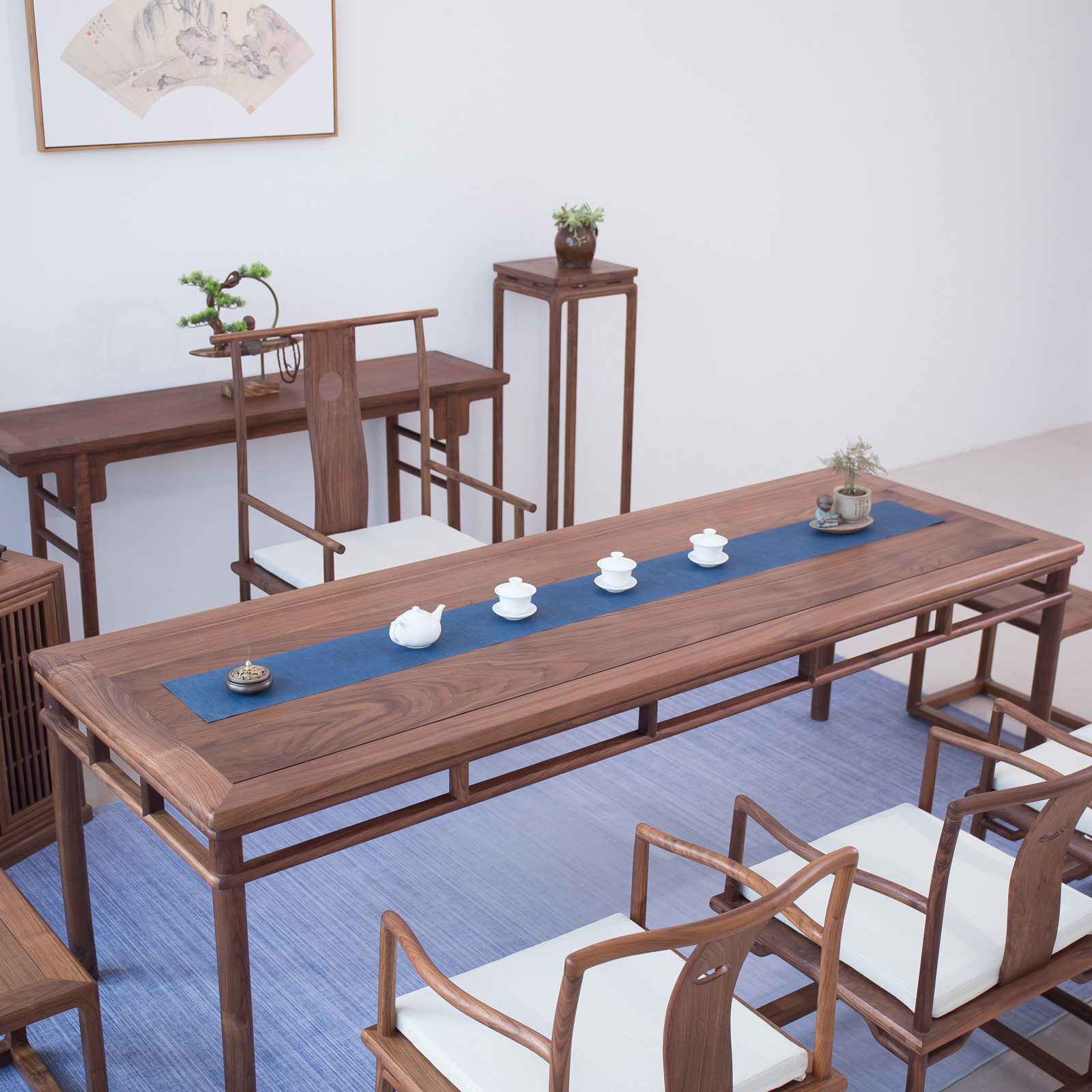 新中式茶桌椅组合禅意实木茶几桌黑胡桃茶台老榆木简约明式泡茶桌