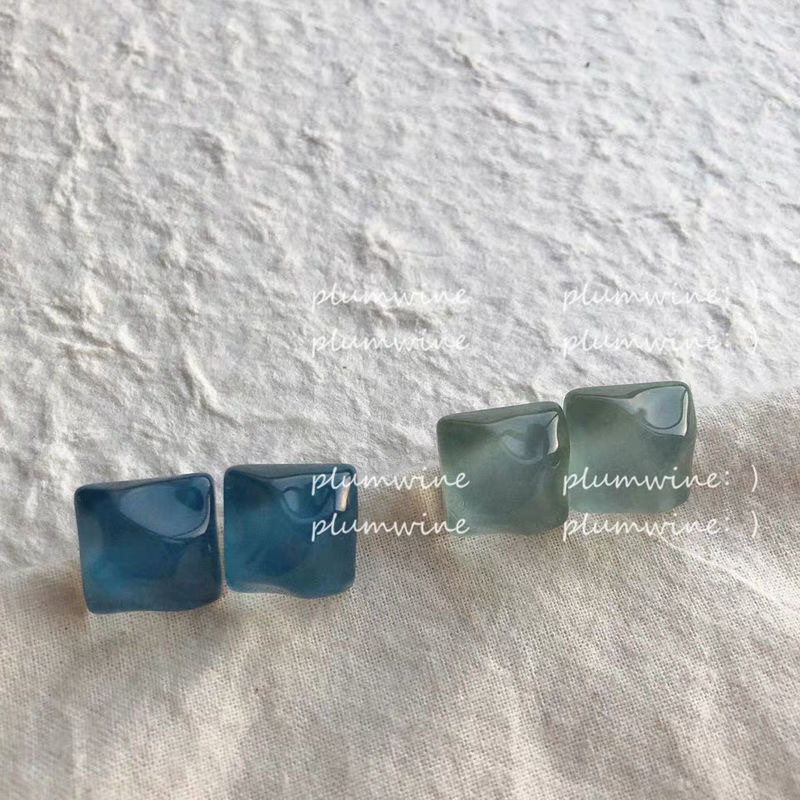 Sparkling Fresh Ice Blue Square Ins Water Ripple Blue Niche Ice Mark Silver Stud Earrings Ear Rings Earrings