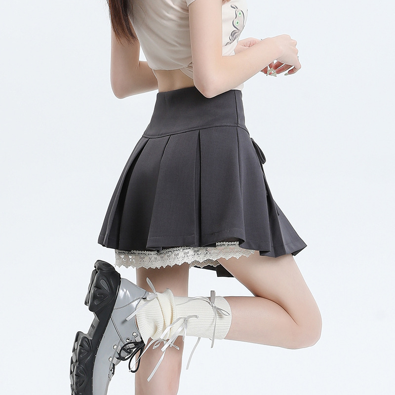 蕾丝边百褶裙半身裙女2024夏季新款高腰显瘦jk短裙a字裙子-阿里巴巴