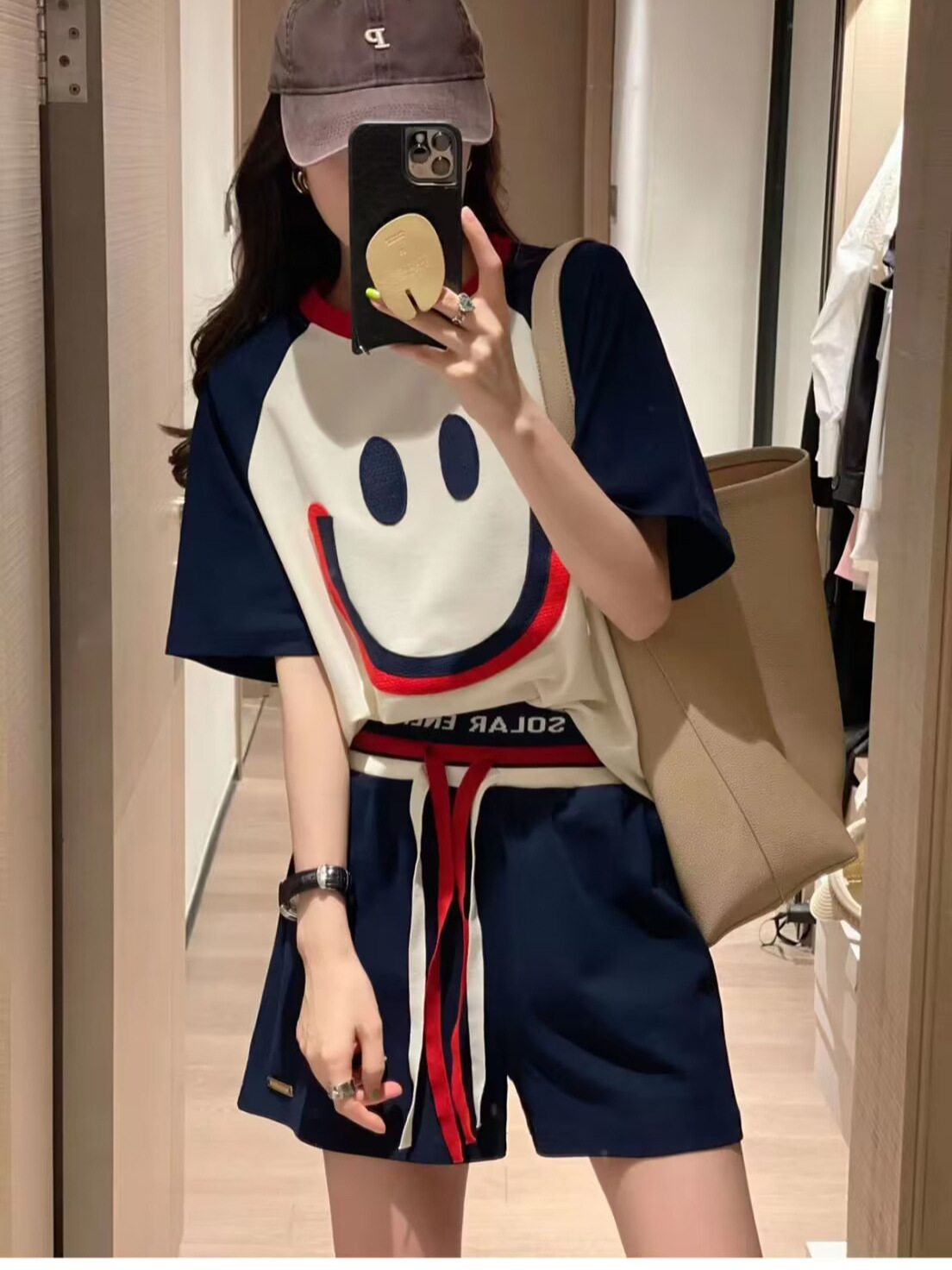 笑脸刺绣短袖短裤运动套装女装夏季新款宽松时尚恤两件套潮流