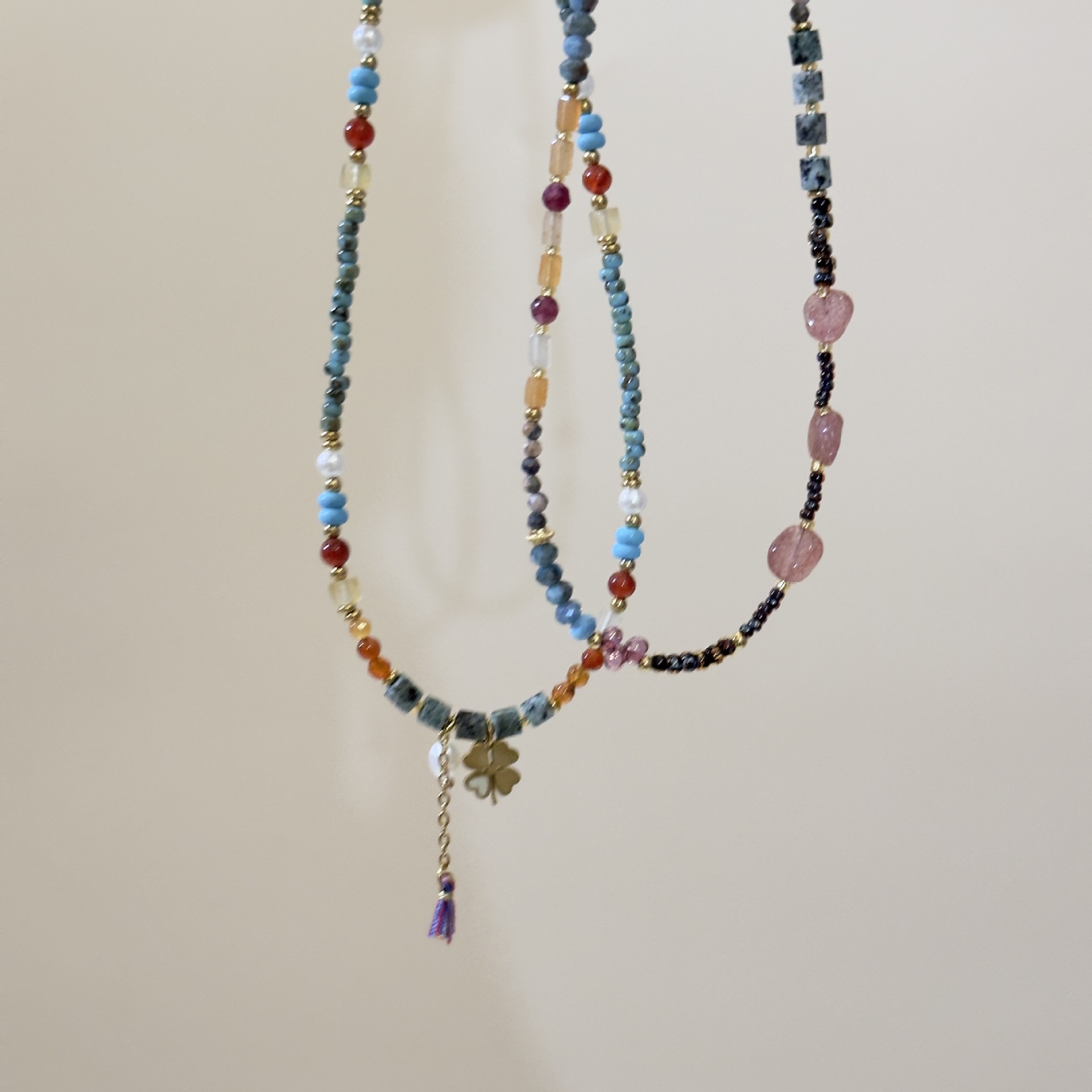 彩色串珠天然石米珠项链春夏显白高级感锁骨链新款小众颈链配饰女