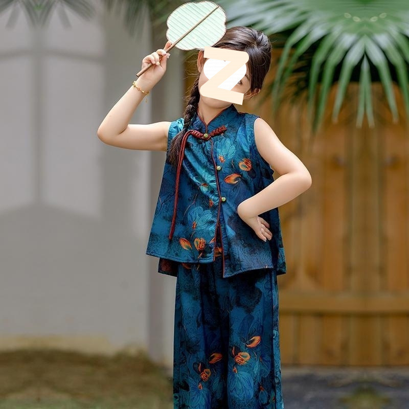 新中式汉服女童套装2025新款夏复古中国风碎花无袖上衣宽松阔腿裤