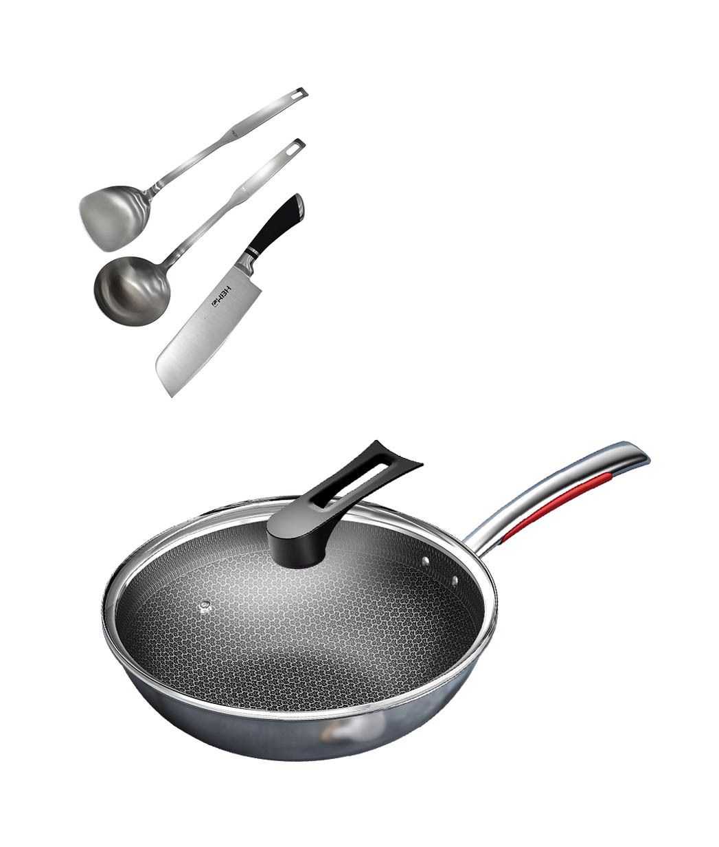 康巴赫第三代316l不锈钢炒锅全花纹蜂窝家用炒菜锅炒锅