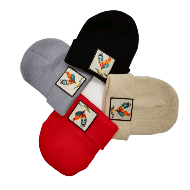 新款春秋冬季男女士户外刺绣公鸡cock毛线帽成人护耳毛线套头帽子
