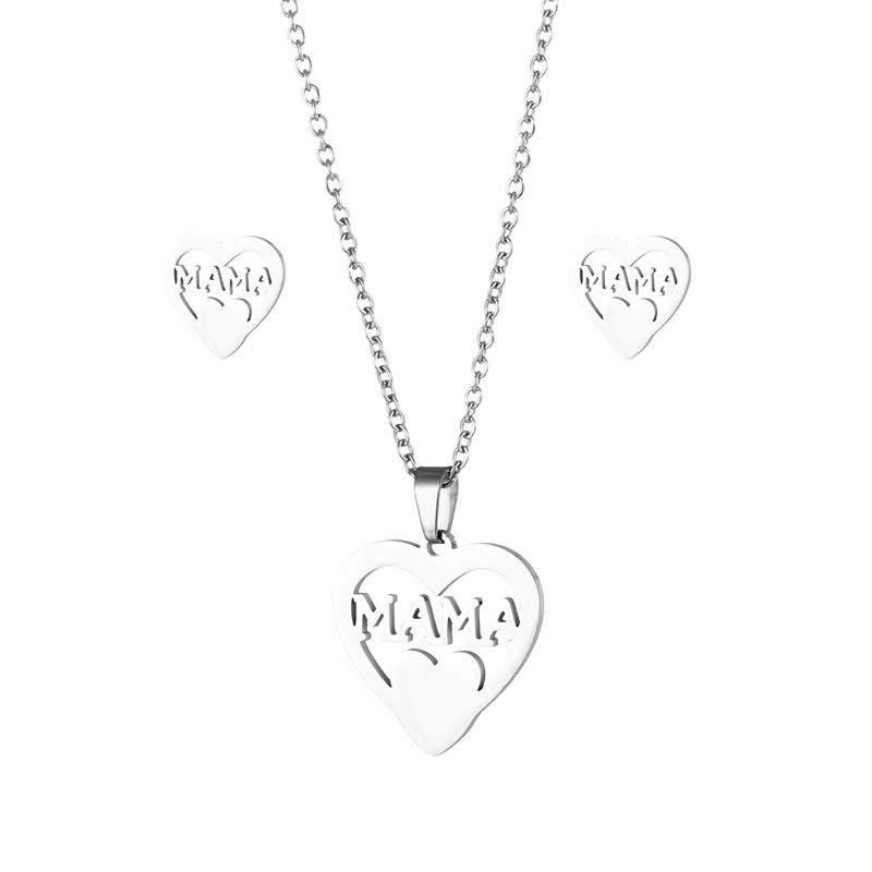 South American Stainless Steel Heart-Shaped Mama Ornament Set Love Mother Pendant Mother's Day Two-Piece Set Wholesale