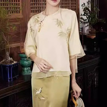 2024夏季新款中国风衬衫气质优雅定位真丝绣花茶服新中式竹清上衣