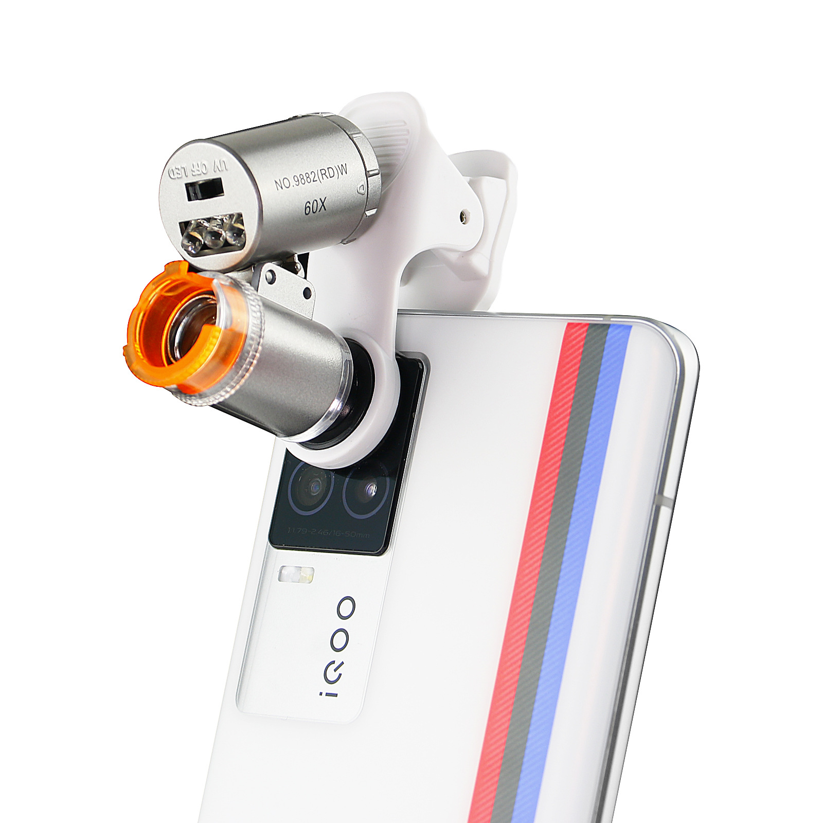 新品60倍便携手机夹显微镜冷暖光 2个led1个uv灯古董鉴定放大镜