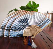 有现 一件代发 宋小竹跨境款小折扇 日式系列仿丝竹扇 神奈川海浪