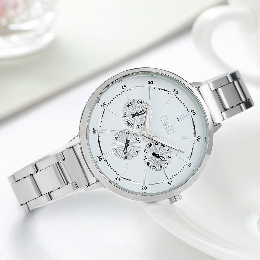 Foreign Trade Versatile New Fashion Decorative Three-Eye Wormhole Simple Scale Women's Alloy Steel Strap Watch Quartz Watch