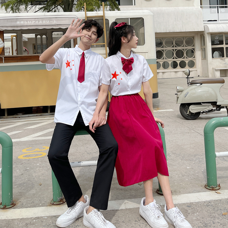 学生夏季校服短袖衬衫五角星绣花图案合唱团演出服班服毕业拍照服