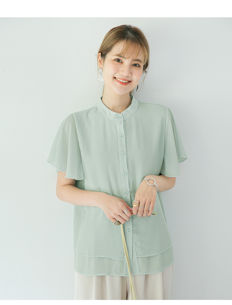 2021夏季新款 宽松百搭立领纯色荷叶边短袖衬衫女士雪纺上衣