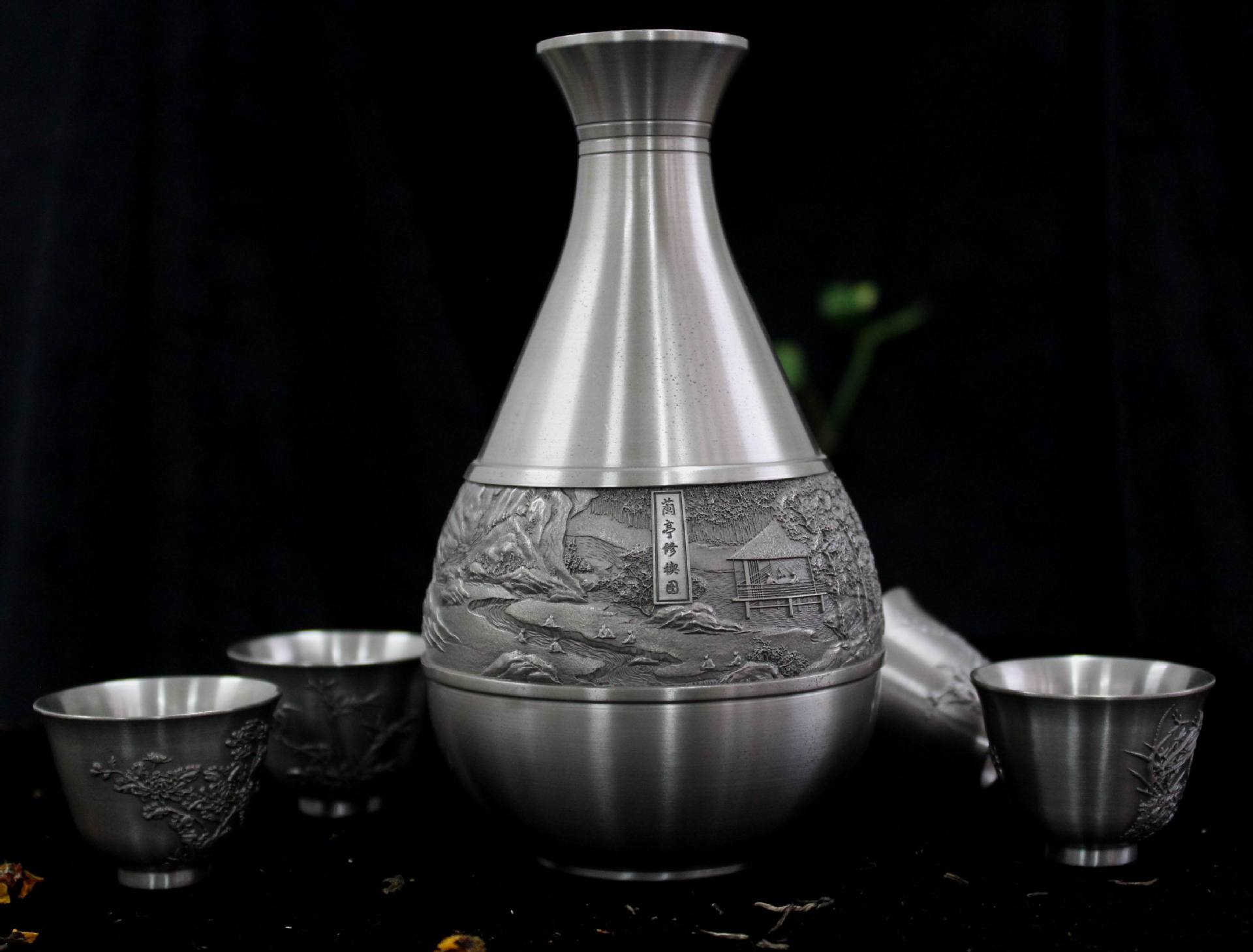日式青酒酒具套装纯锡酒壶酒杯温酒器兰亭修禊图浮雕画锡壶烫酒壶