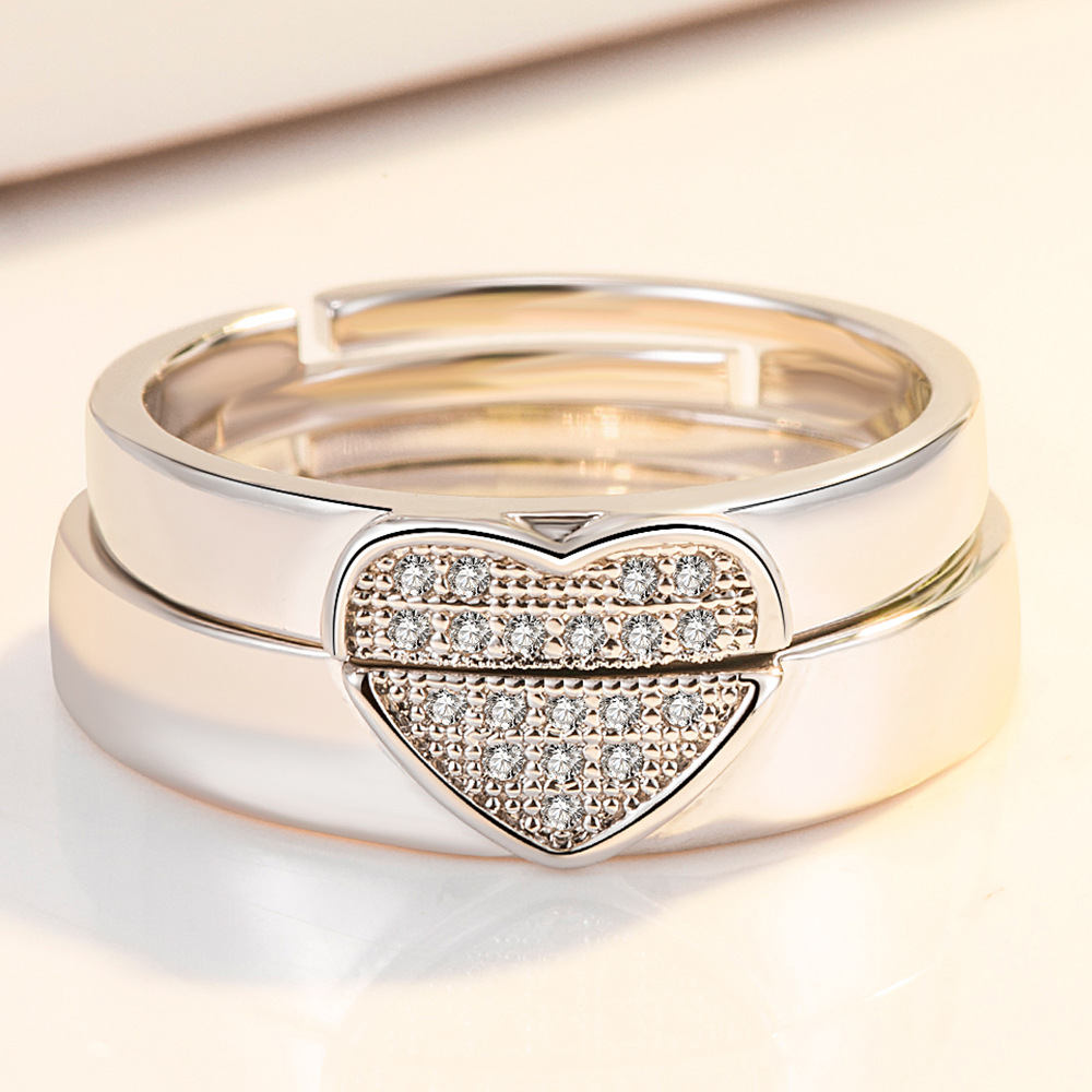 跨境心心相印情侣戒子创意爱心形镶钻银戒指男女开口对戒厂家批发